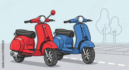 Two colorful vintage scooters parked on the side of the road, a red one and a blue one, with trees in the background, creating a vibrant and nostalgic scene
