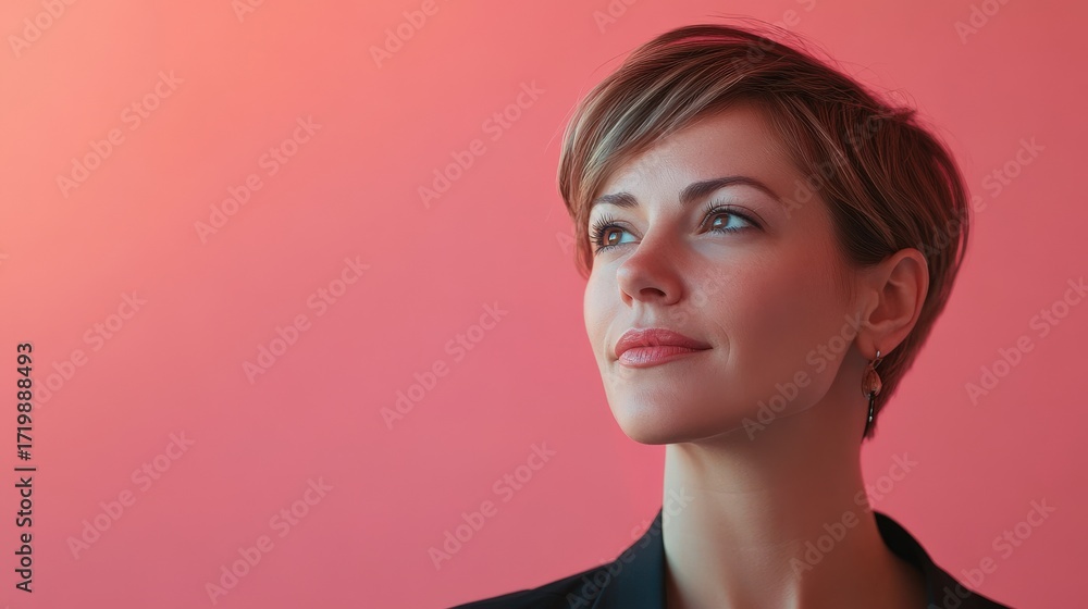 Fototapeta premium Confident Woman with Short Hair Against a Soft Pink Background