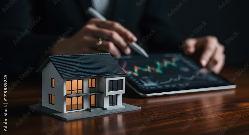 Naklejka premium Real Estate Investment Analysis: House Model and Financial Chart on Tablet