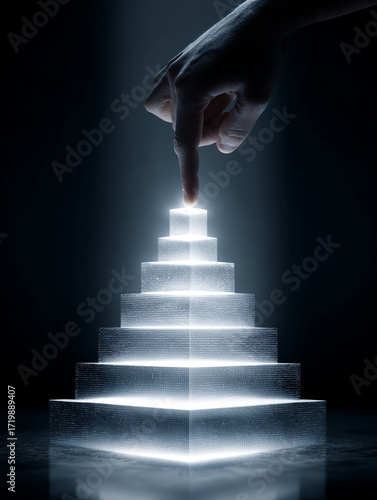 Glowing pyramid with digital texture is touched by hand symbolizing unlock and access to new levels of knowledge and technology in dark environment