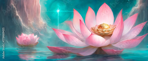A beautiful pink lotus, a water plant with a reflection in a pond.created with the help of artificial intelligence.