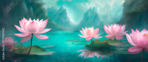 A beautiful pink lotus, a water plant with a reflection in a pond.created with the help of artificial intelligence.