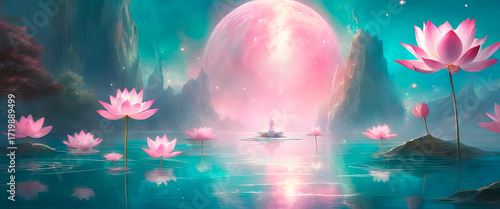 A beautiful pink lotus, a water plant with a reflection in a pond.created with the help of artificial intelligence.