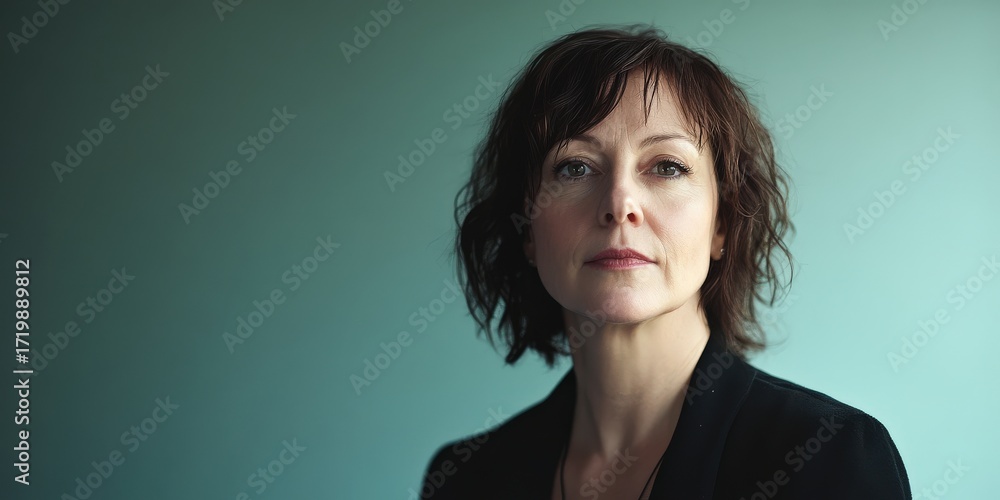 Fototapeta premium Confident Woman in Professional Attire Against a Soft Blue Background