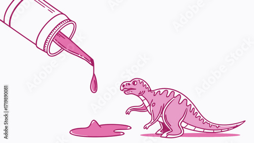 Pink dinosaur illustration with dripping paint from tube, cute cartoon vector art design style image