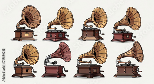 Collection of vintage gramophones, showcasing antique phonographs with ornate horns and wooden bases, evoking nostalgia and historical charm