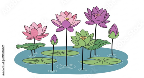 A serene pond filled with colorful lotus flowers in full bloom, their delicate petals reflecting the soft light, creating a tranquil and picturesque scene