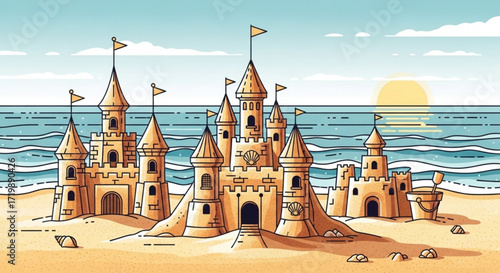 A whimsical sandcastle complex on a sunny beach, featuring multiple towers, flags, and intricate details, with the ocean and sun in the background