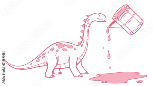 Cute pink dinosaur pouring paint from bucket vector illustration for kids room decor and design art