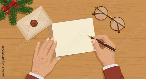 Hands writing on blank paper with vintage envelope and glasses on table  