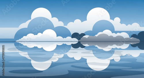 A serene landscape of clouds reflected in the water, creating a tranquil and peaceful scene the sky is blue, and the clouds are white and gray