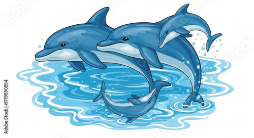 A family of dolphins swimming in the ocean, with a mother, father, and two baby dolphins, the dolphins are blue and white
