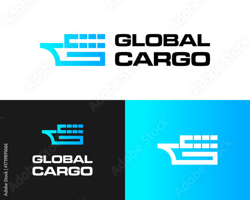 Logo design of GC monogram letter and large cargo ship transportation company.

