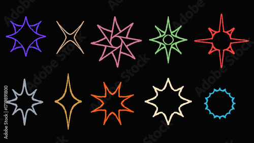 A vibrant collection of ten unique, colorful star and sparkle outline shapes isolated on a black background.