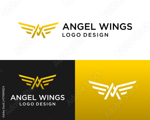 Logo design letter A monogram and angel wings with gold color.