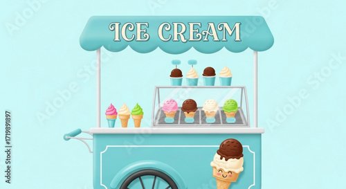 A charming ice cream cart with a variety of delicious flavors, perfect for a sweet treat on a sunny day, presented in a delightful and inviting illustration