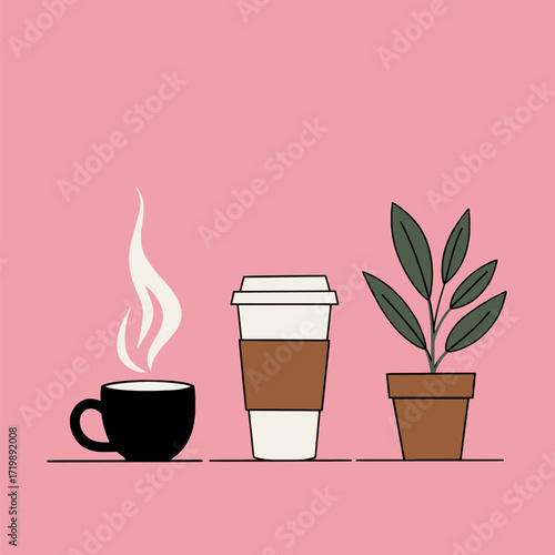 Hot coffee cup and green plant in pot on pink background, vector art for cafe and home decor