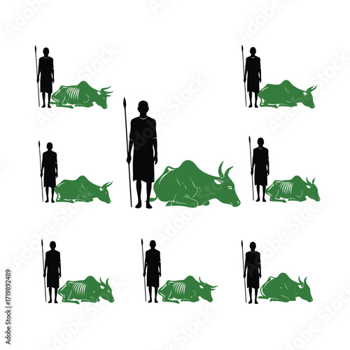 Vector art of cavemen with spears and hunted animals, prehistoric scene