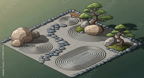 Isometric zen garden with raked sand, rocks, trees, and a bench, creating a peaceful and meditative space for relaxation and contemplation