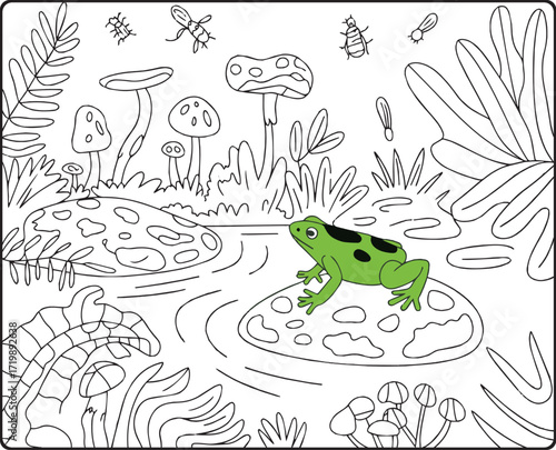 Beautiful tropical rainforest natural jungle scenery with wild animals activity black line art vector illustration coloring page design for kids and adults