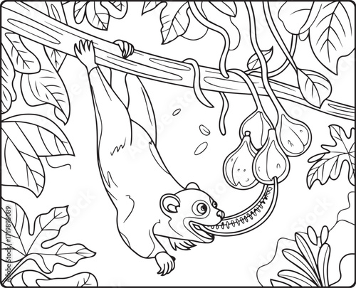 Beautiful tropical rainforest natural jungle scenery with wild animals activity black line art vector illustration coloring page design for kids and adults