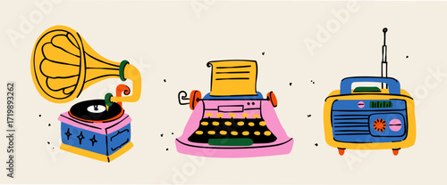 Set of retro doodle illustrations with a nostalgic vibe. This trendy art features charming vintage objects, perfect for modern design projects