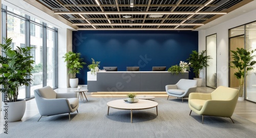 Modern office lobby with muted tones and plants