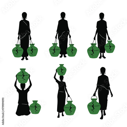 Vector art of silhouettes of women carrying water pots, daily life activity