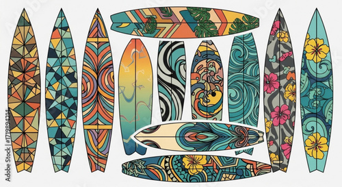 Collection of colorful surfboards with various patterns and designs, perfect for summer vibes and beach culture