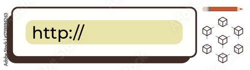 Browser search bar starting with http alongside a pencil and cubes. Ideal for internet, web development, creativity, education, communication, digital strategy, innovation. Simple flat metaphor