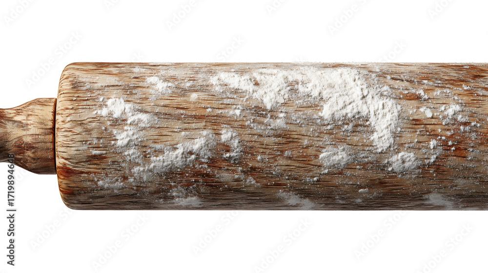 Fototapeta premium A wooden rolling pin covered in flour, a traditional kitchen utensil for baking, a tool for making dough for bread, pizza or pastry, a rustic piece of kitchenware isolated on a white background.
