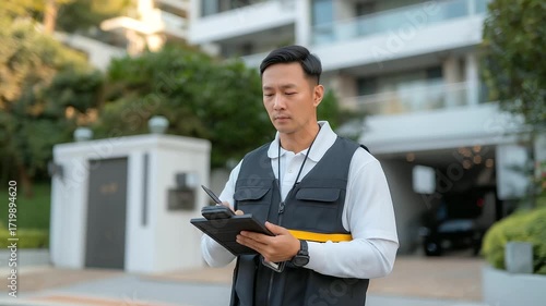 Cinematic footage of a security guard patrolling a gated community at dusk, equipped with a camera-linked tablet, walkie-talkie, and clipboard.