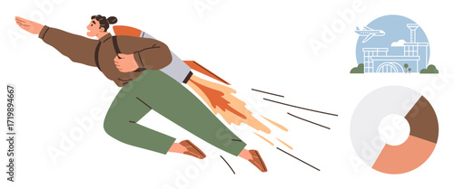 Person equipped with rocket pack launching forward, airport and chart icons symbolizing travel and planning. Ideal for growth, ambition, goals, progress, innovation, travel business. Simple flat