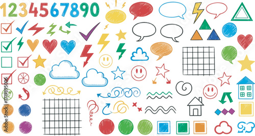 Punk doodle hand drawn vector. Grunge graffiti with bold heart star thunder skull. Sketch crayon icon tattoo. Scribble marker art. Line, shape punk doodle graffiti with rock music edge. Chalk bg.