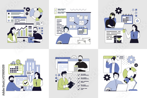 Basic office concept set for web design. Collection with people working with chart reports, communicating in team, developing business, brainstorming, planning growth strategy. Vector illustration.
