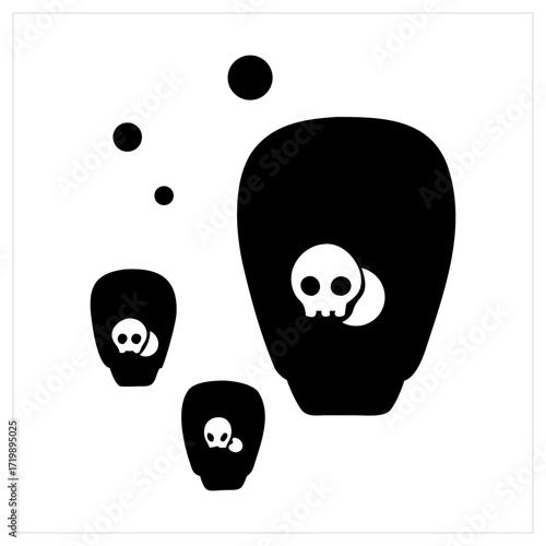 Three black sky lanterns with skull symbols floating upwards
