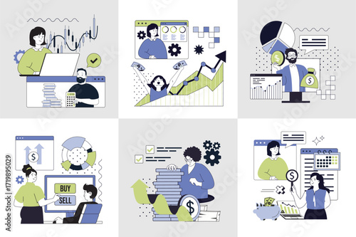 Business and finance concept set for web design. Collection with people making financial analysis, working with graphs and charts, planning strategy, investing and earning money. Vector illustration.