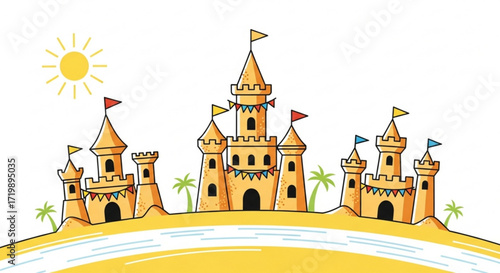 A whimsical sandcastle with flags and turrets stands proudly on a sunny beach, palm trees swaying gently in the breeze