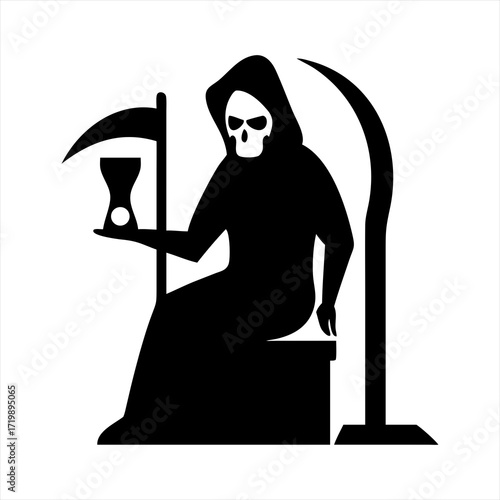 Grim reaper holding hourglass sitting next to scythe