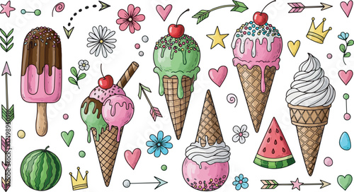 Summer sweet doodle hand drawn vector. Ice cream cone popsicle with cherry star heart arrow. Sketch candy cartoon icon. Scribble marker art. Line, shape sweet doodle vector with dessert fun element. 