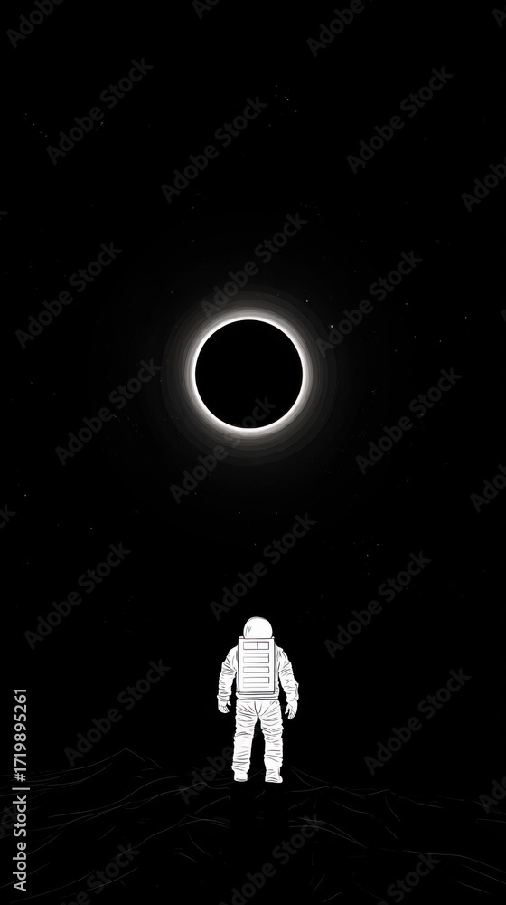 Obraz premium Astronaut Standing on Dark Surface Facing a Black Hole Eclipse space cosmic