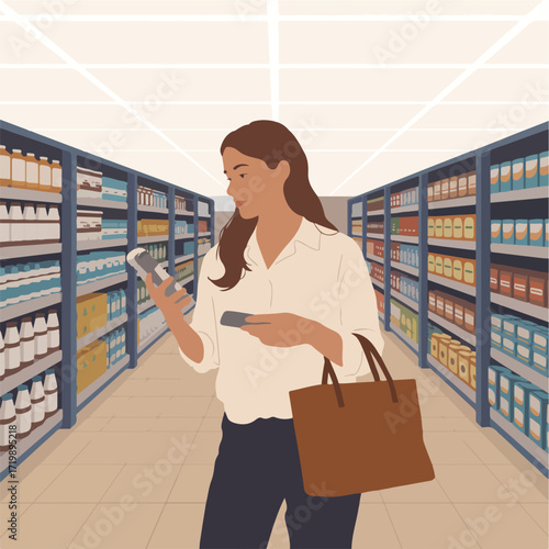 Woman shopping for groceries in supermarket aisle with shelves full of food