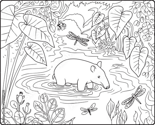 Beautiful tropical rainforest natural jungle scenery with wild animals activity black line art vector illustration coloring page design for kids and adults