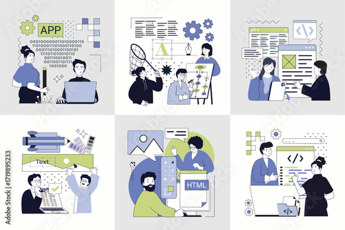Design software development concept set for web design. Collection with people creating program code, back end engineering, programming user interface layouts, testing products. Vector illustration.
