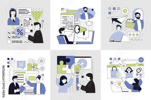 Digital content marketing concept set for web design. Collection with people making online advertising, promotion for attracting clients, offering bonus for buyers shopping. Vector illustration.