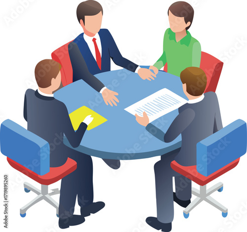A professional group of businesspeople sits at a conference table, working together with their laptops