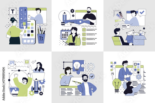 Graphic web design concept set. Collection with people working on website, finding creative ideas for project, programming code, designers drawing and creating filling content. Vector illustration.