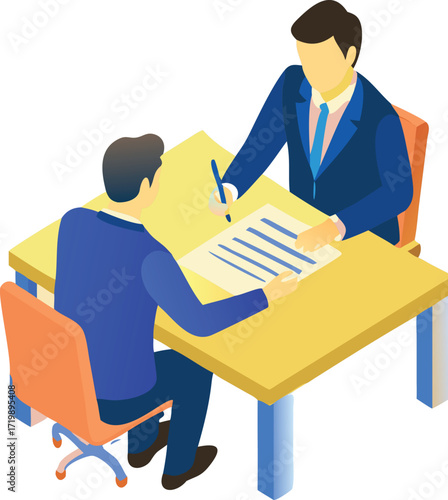 Successful businessmen and workers in suits are sitting at a table with laptops, working together in a 3D cartoon office meeting