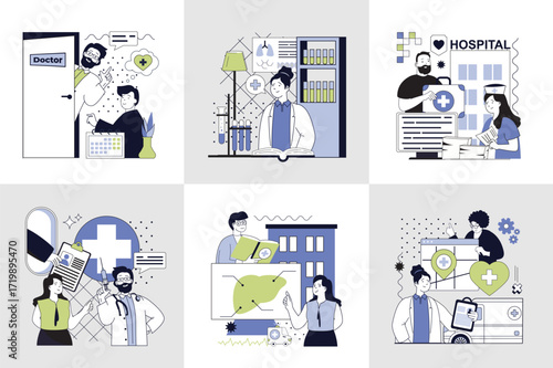 Healthcare and medical concept set for web design. Collection with people working in hospital and clinic, patients in waiting to doctor office, physicians making diagnosis. Vector illustration.