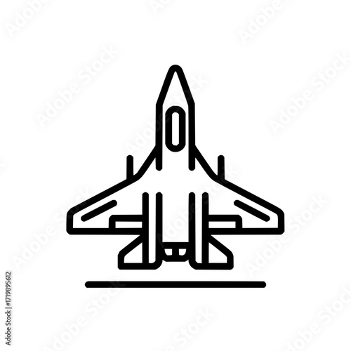 Aviation icon depicting a fighter jet with wings and tail fins ready for takeoff in a minimalist style